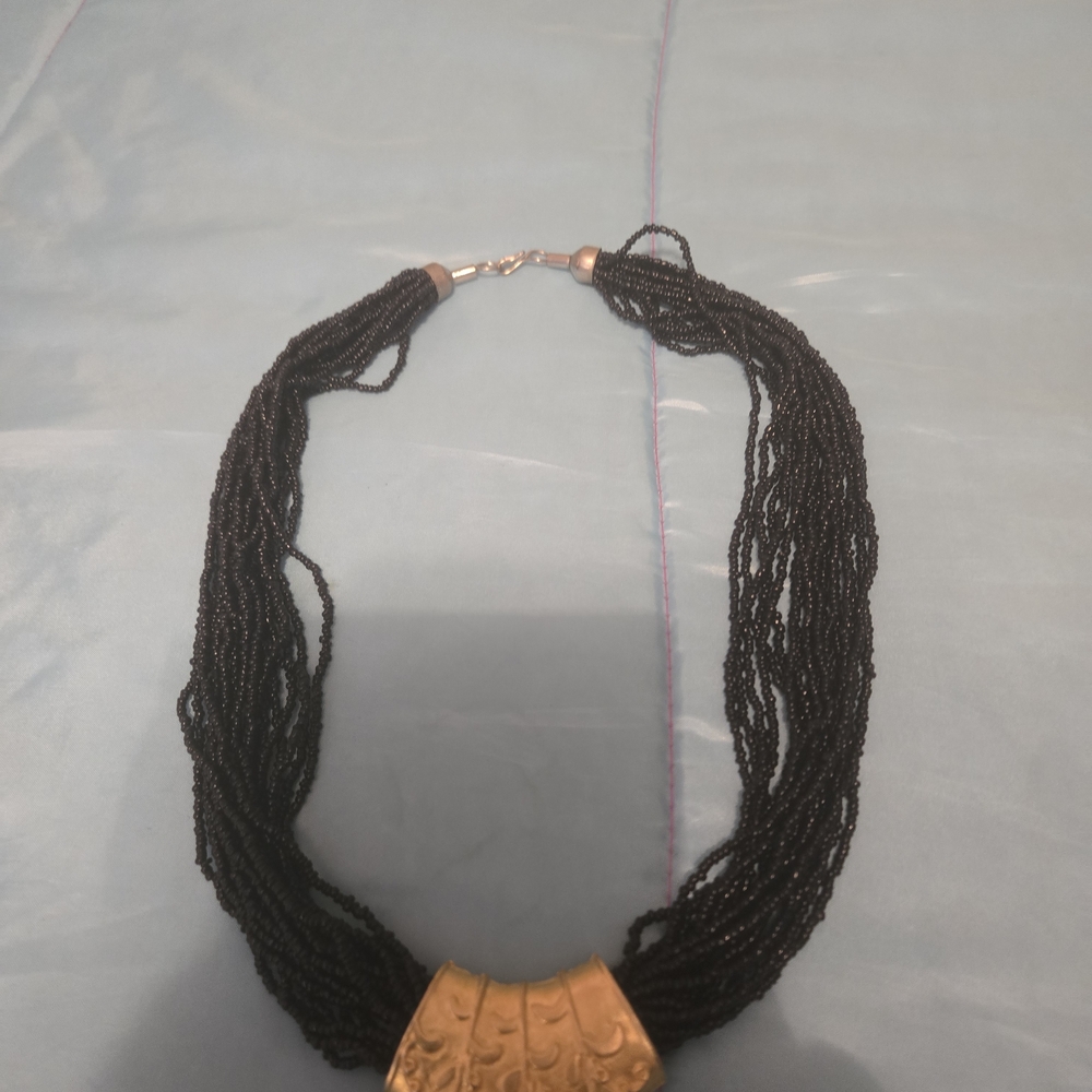 Vintage Trifari Black Seed Bead Multi Strand Necklace Gold Tone  Art Deco Accent